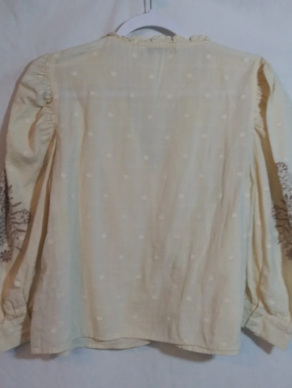Zara Tan Dot-Pattern V-Neck Button Balloon Embroidered Sleeve Blouse Size Small